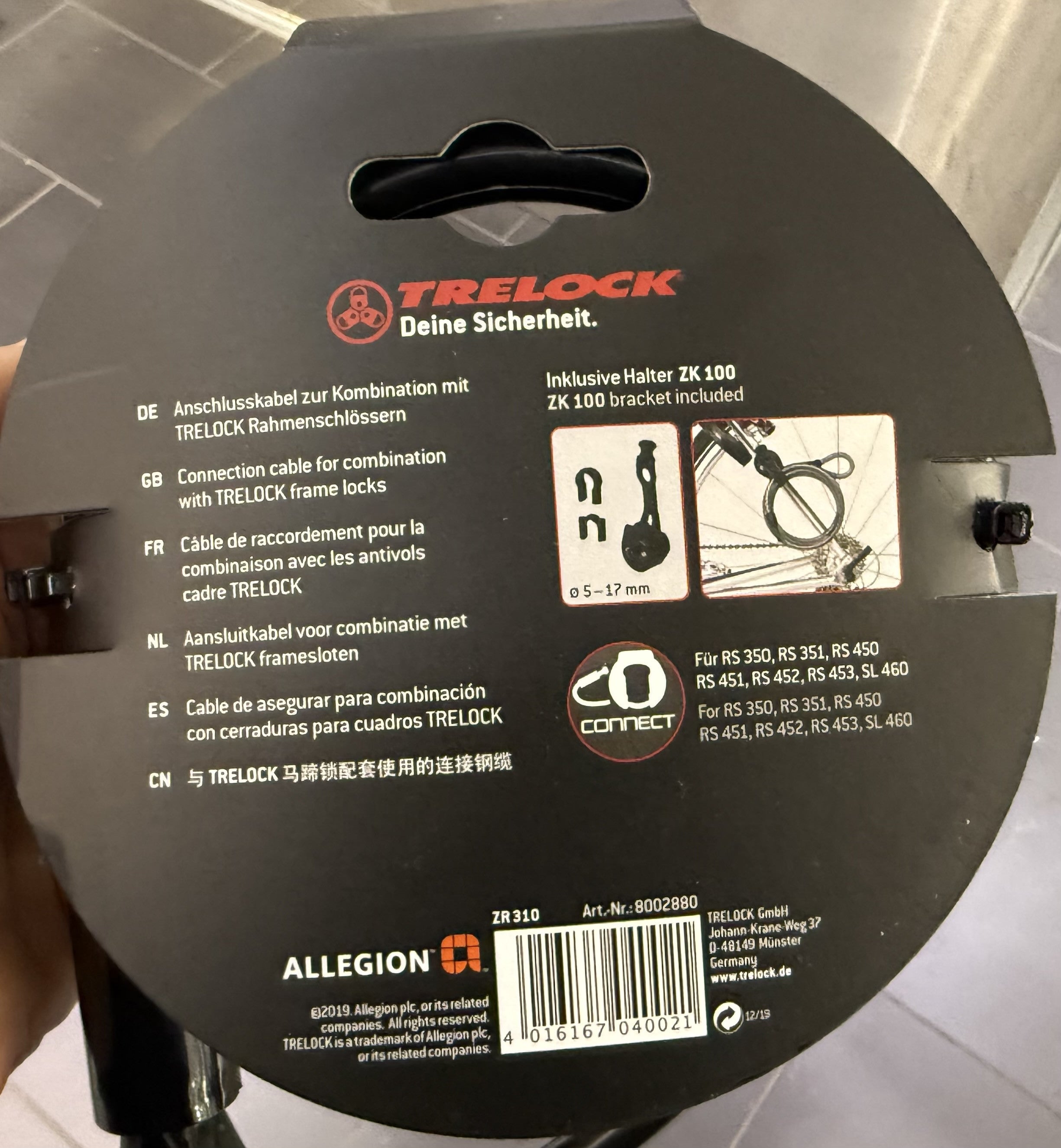 Trelock ZR 310 Ø10mm 180cm Plug-in wire til cykler med Trelock/AXA/Abus Ringlåse